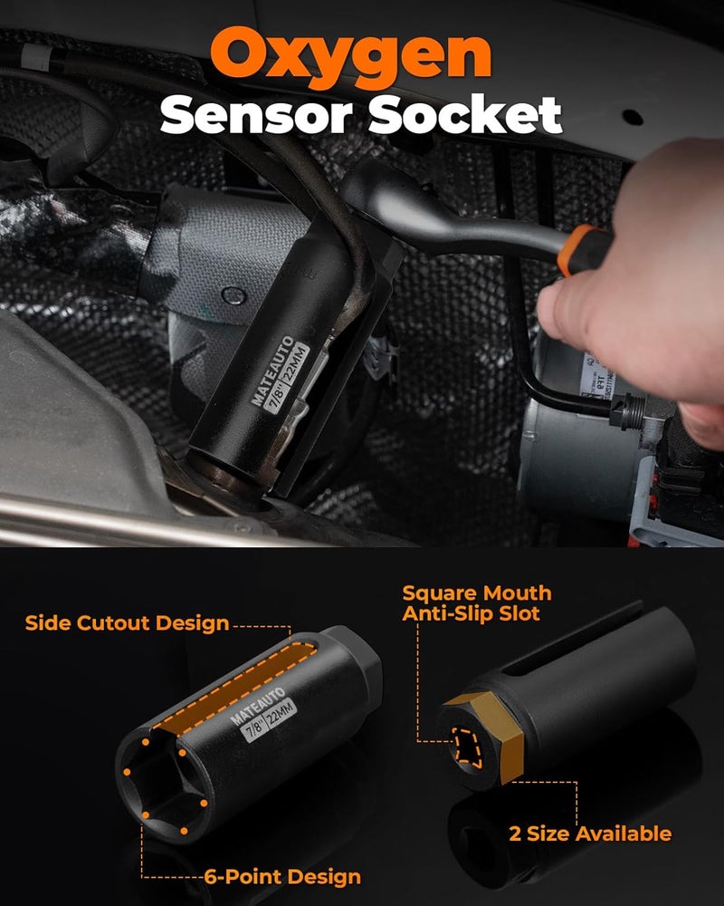 MateAuto 7PCS Oxygen Sensor Socket Set, O2 Sensor Socket and Thread Chaser Set w/Quick Release Ratchet, 3/8" & 1/2" Drive 7/8"(22mm) Oxygen Sensor Removal Tool Kit for Easy Repair - Image 4